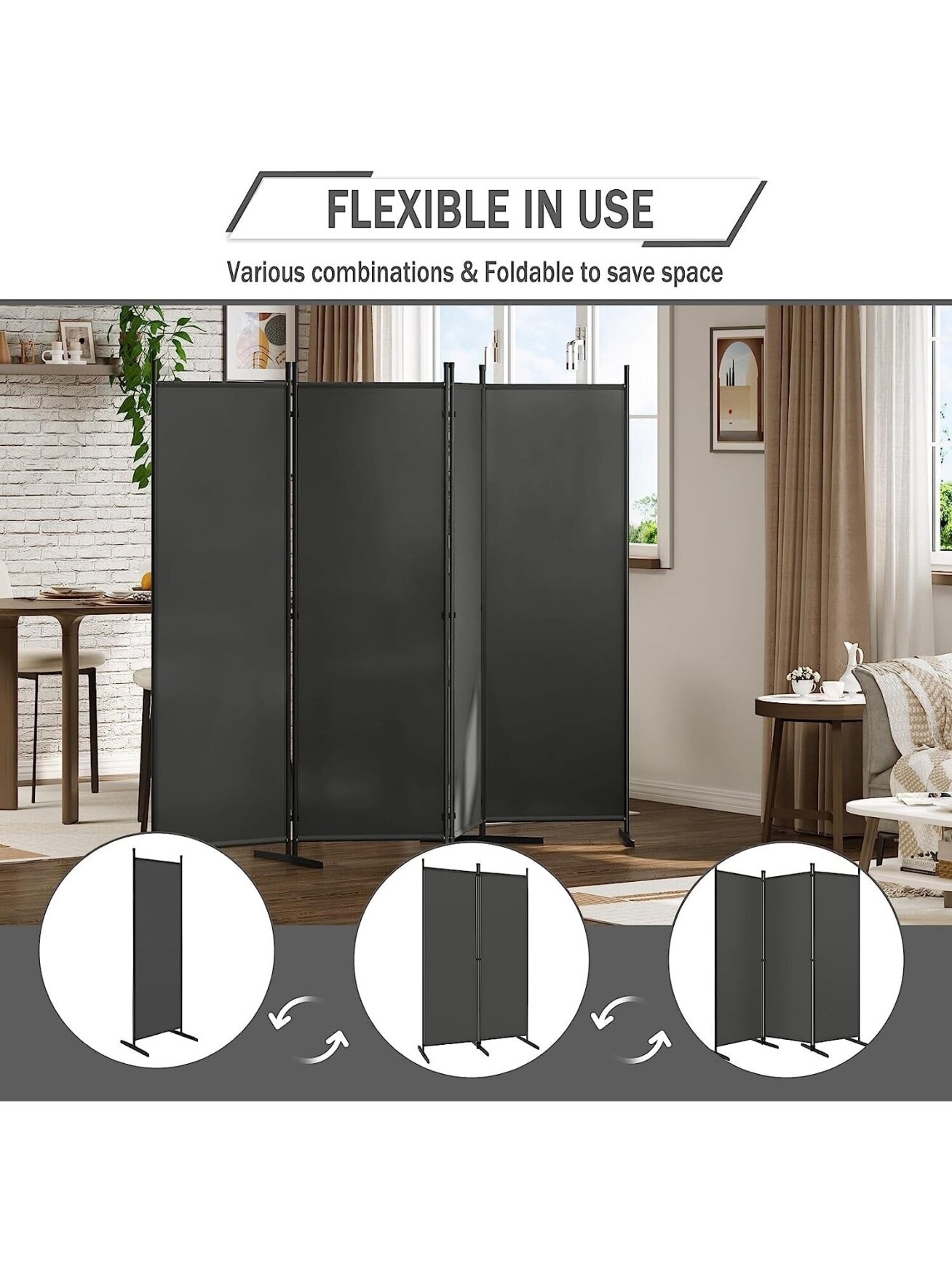 Foldable room divider, free-standing privacy screen, room separation panel, dark grey 1