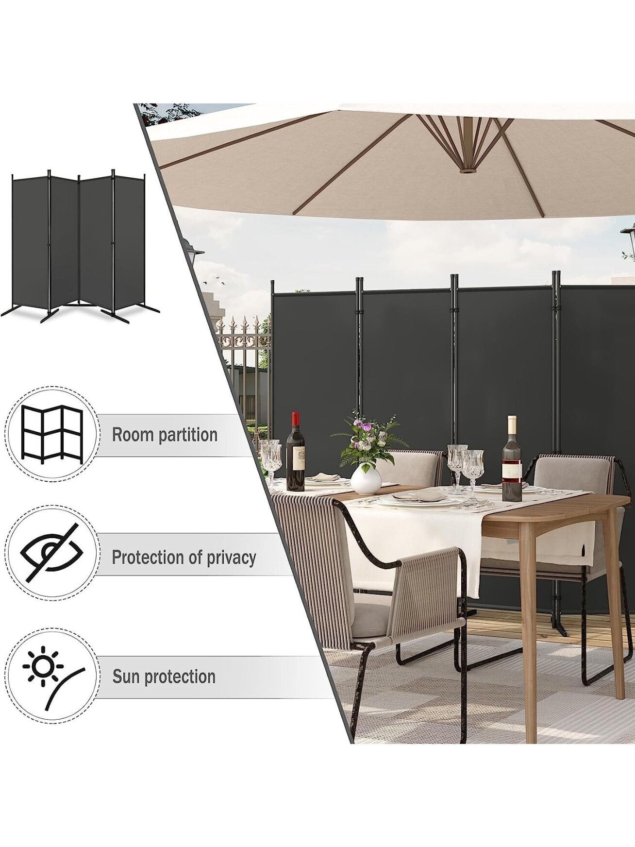 Foldable room divider, free-standing privacy screen, room separation panel, dark grey 5 Foldable room divider, free-standing privacy screen, room separation panel, dark grey 5