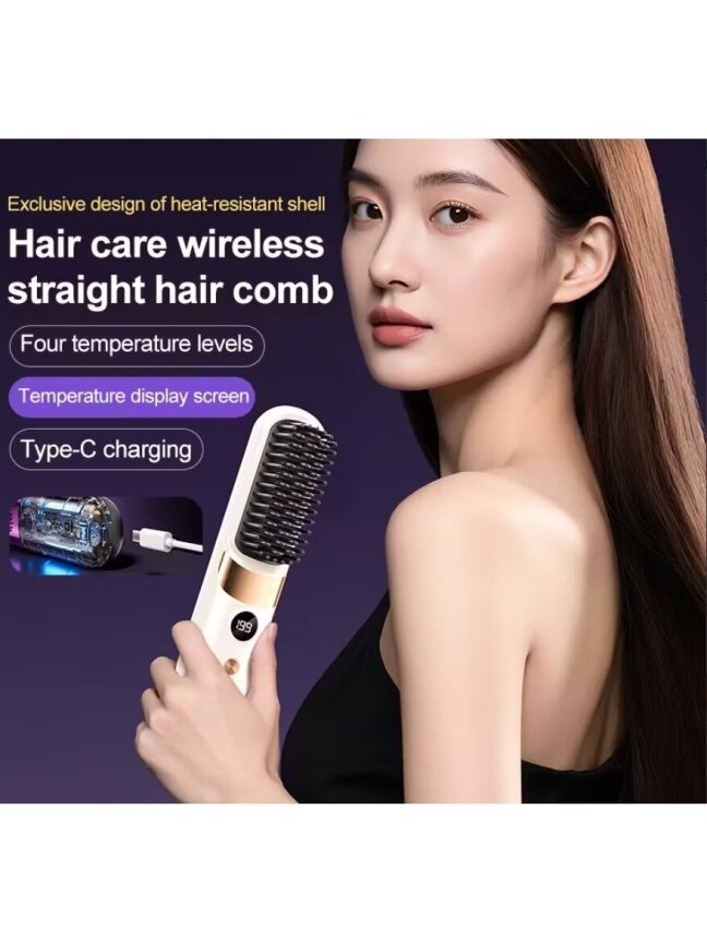 Cordless Ceramic Hair Straightening Brush with Three-Level Temperature Control 2
