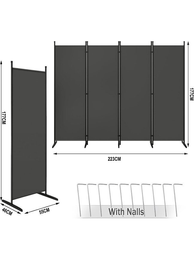 Foldable room divider, free-standing privacy screen, room separation panel, dark grey 3