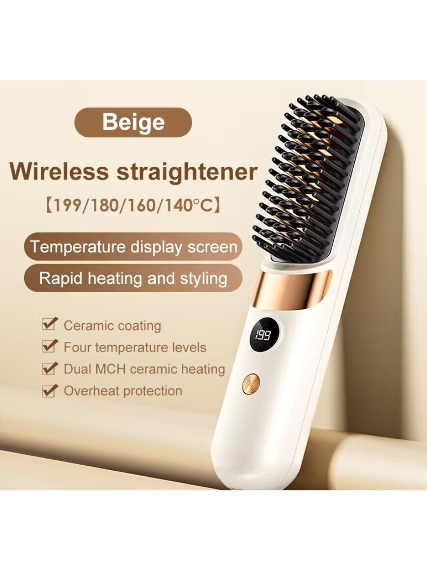 Cordless Ceramic Hair Straightening Brush with Three-Level Temperature Control