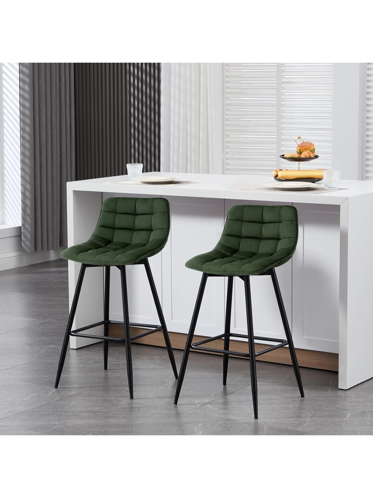 Dark Green Bar Chairs, Set of 2, with Metal Legs and Velvet Seat 3 Dark Green Bar Chairs, Set of 2, with Metal Legs and Velvet Seat 3