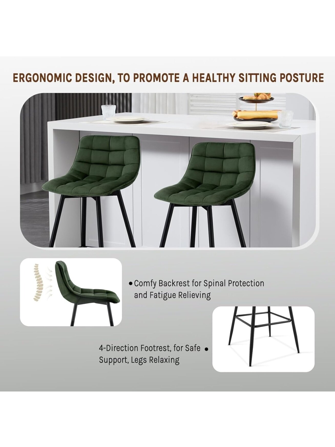 Dark Green Bar Chairs, Set of 2, with Metal Legs and Velvet Seat 5 Dark Green Bar Chairs, Set of 2, with Metal Legs and Velvet Seat 5