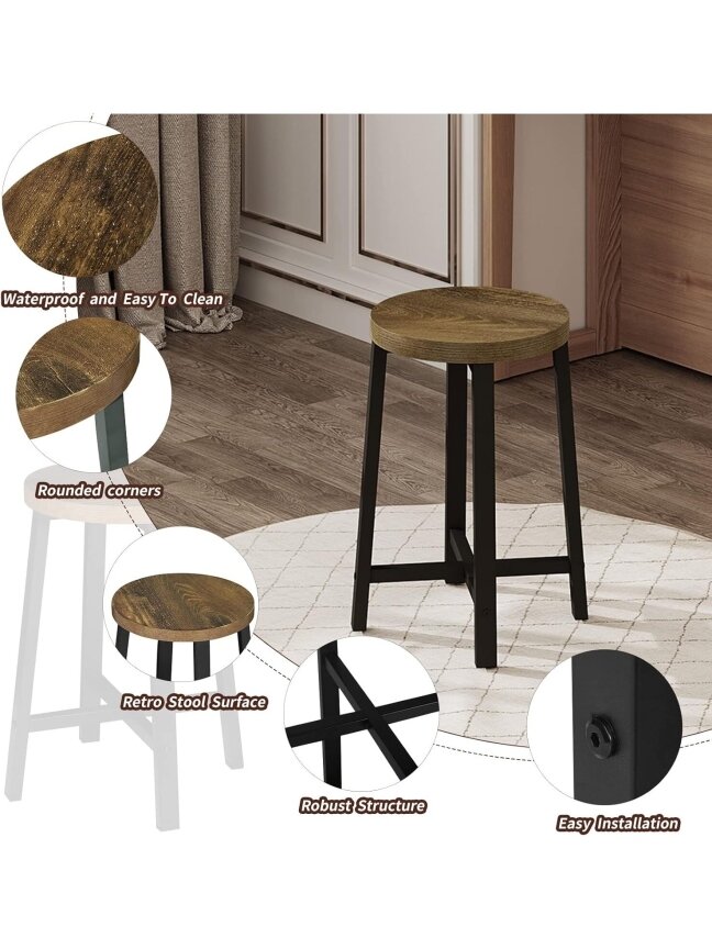 Set of 2 Solid Wood Stools, Rustic Brown/Black 7