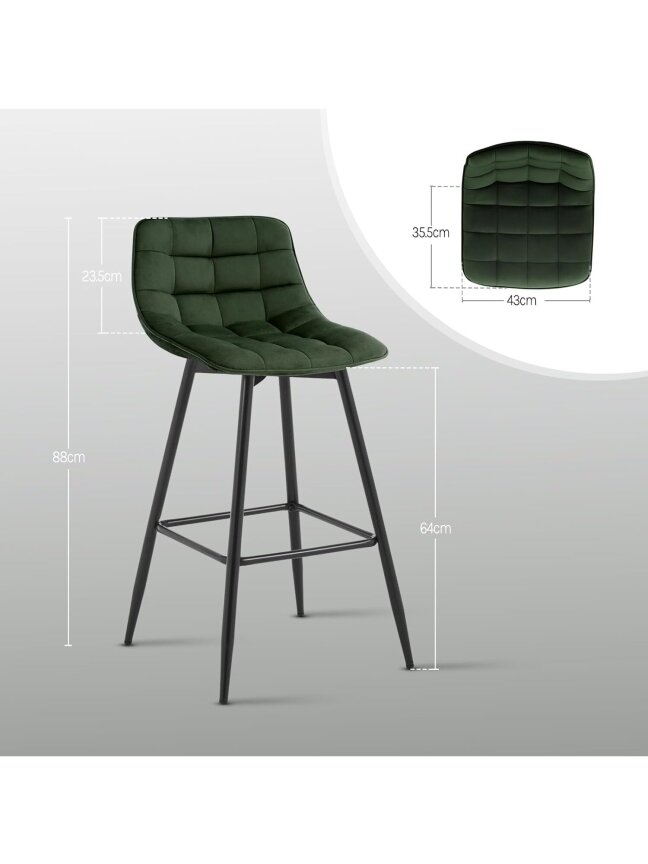 Dark Green Bar Chairs, Set of 2, with Metal Legs and Velvet Seat 2 Dark Green Bar Chairs, Set of 2, with Metal Legs and Velvet Seat 2