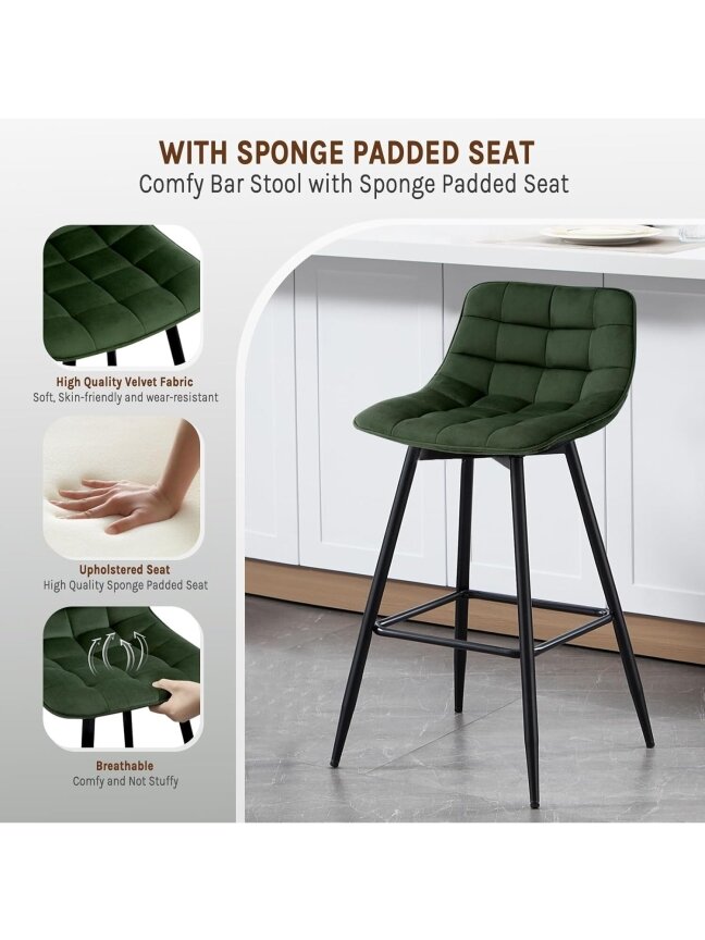 Dark Green Bar Chairs, Set of 2, with Metal Legs and Velvet Seat Dark Green Bar Chairs, Set of 2, with Metal Legs and Velvet Seat