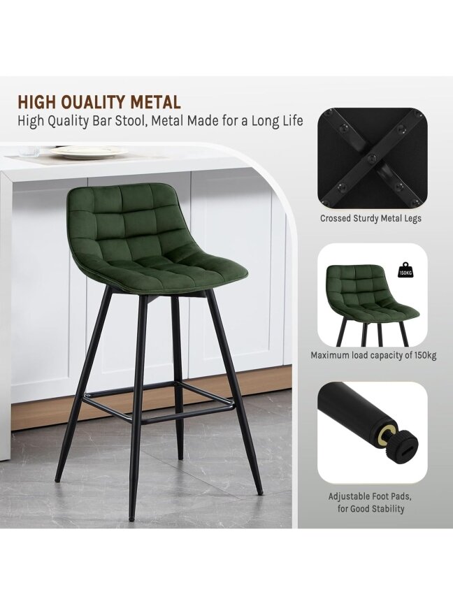 Dark Green Bar Chairs, Set of 2, with Metal Legs and Velvet Seat 4 Dark Green Bar Chairs, Set of 2, with Metal Legs and Velvet Seat 4