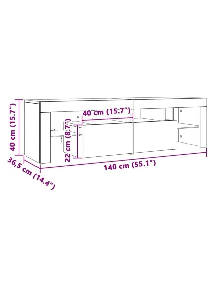 Televizoriaus spintelė su LED, betono pilka, 140x36,5x40cm 6