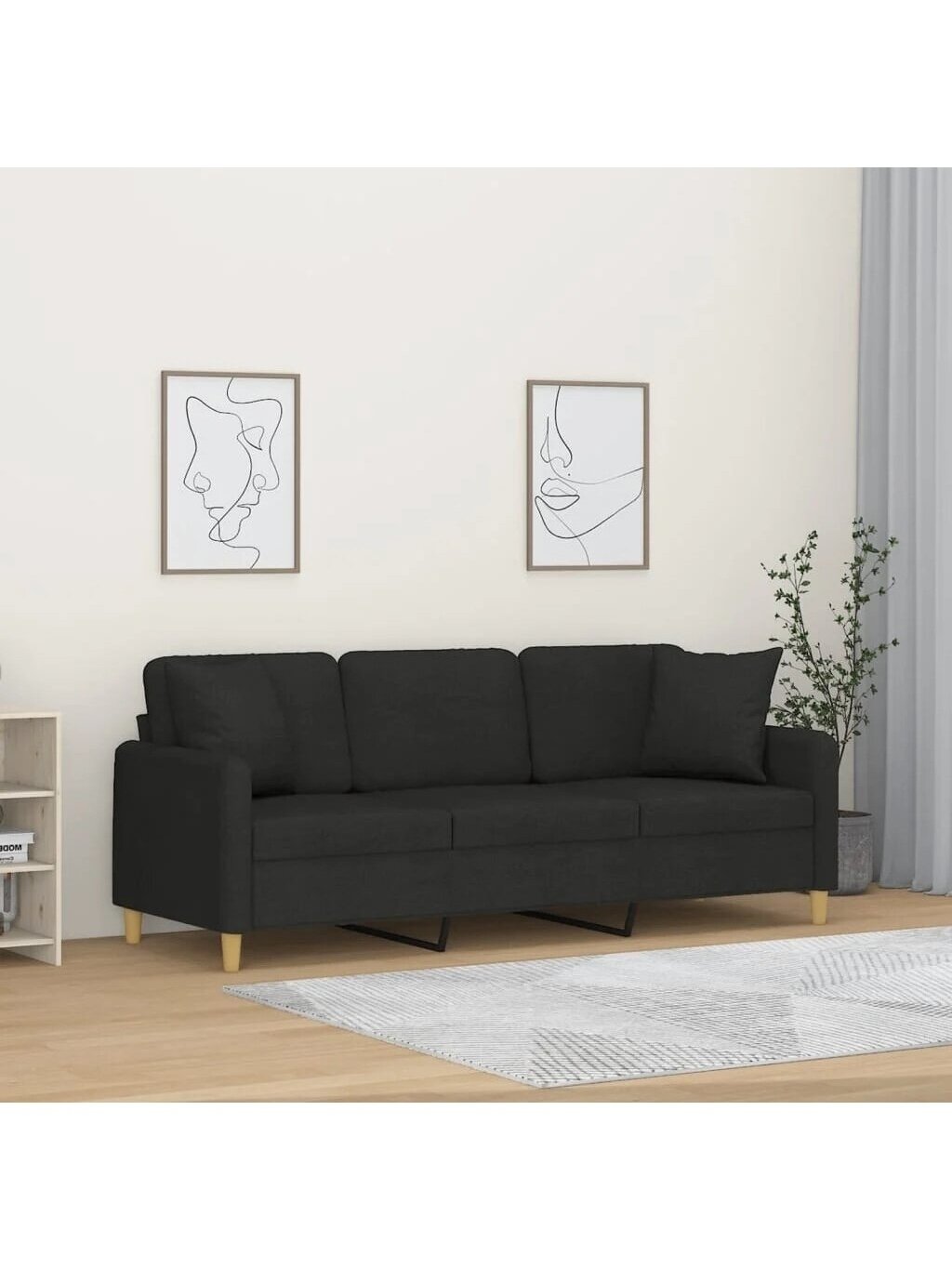 Three-seater sofa with cushions, black, 180 cm, fabric Three-seater sofa with cushions, black, 180 cm, fabric