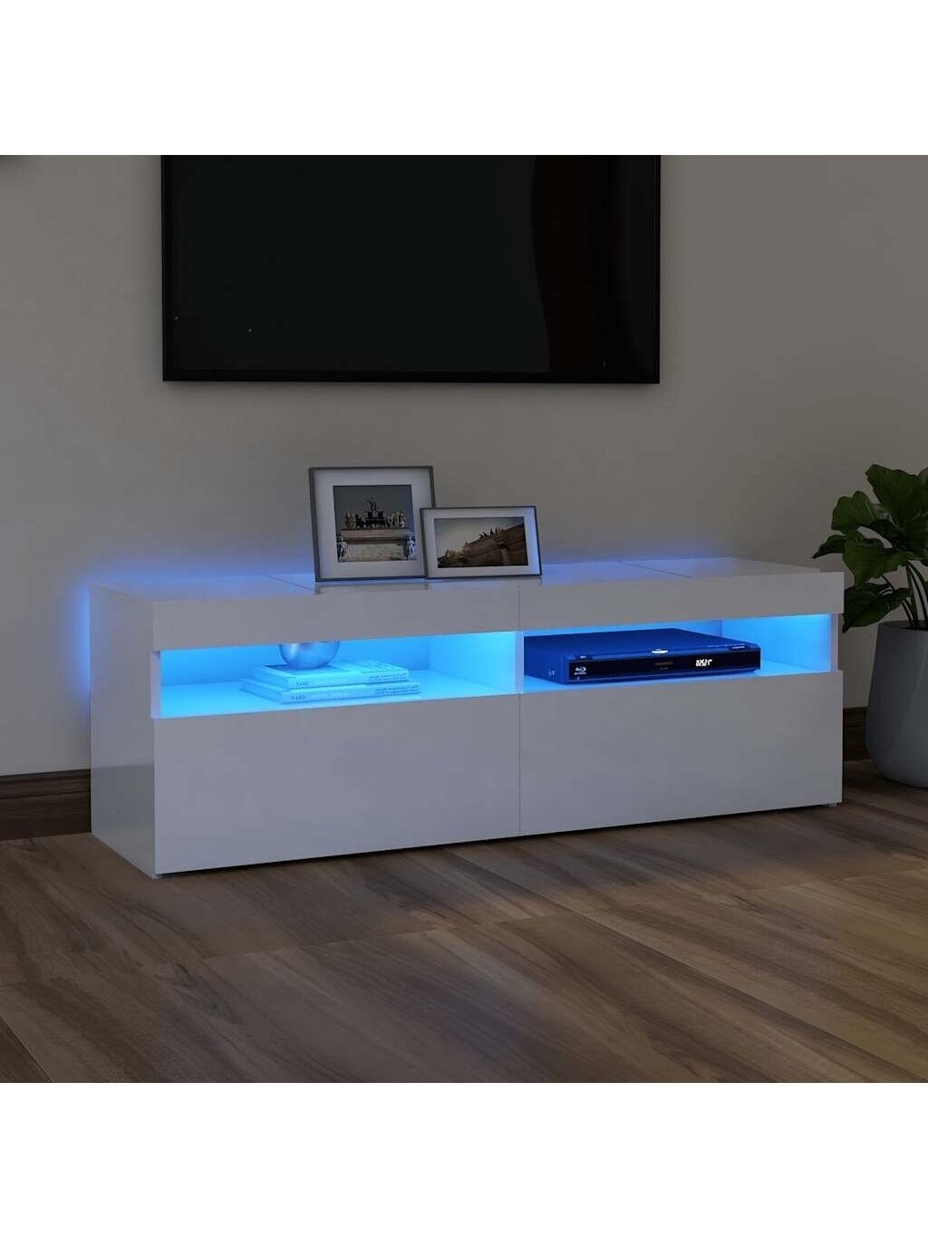 TV spintelė su LED apšvietimu, balta, 120x35x40cm, blizgi 2