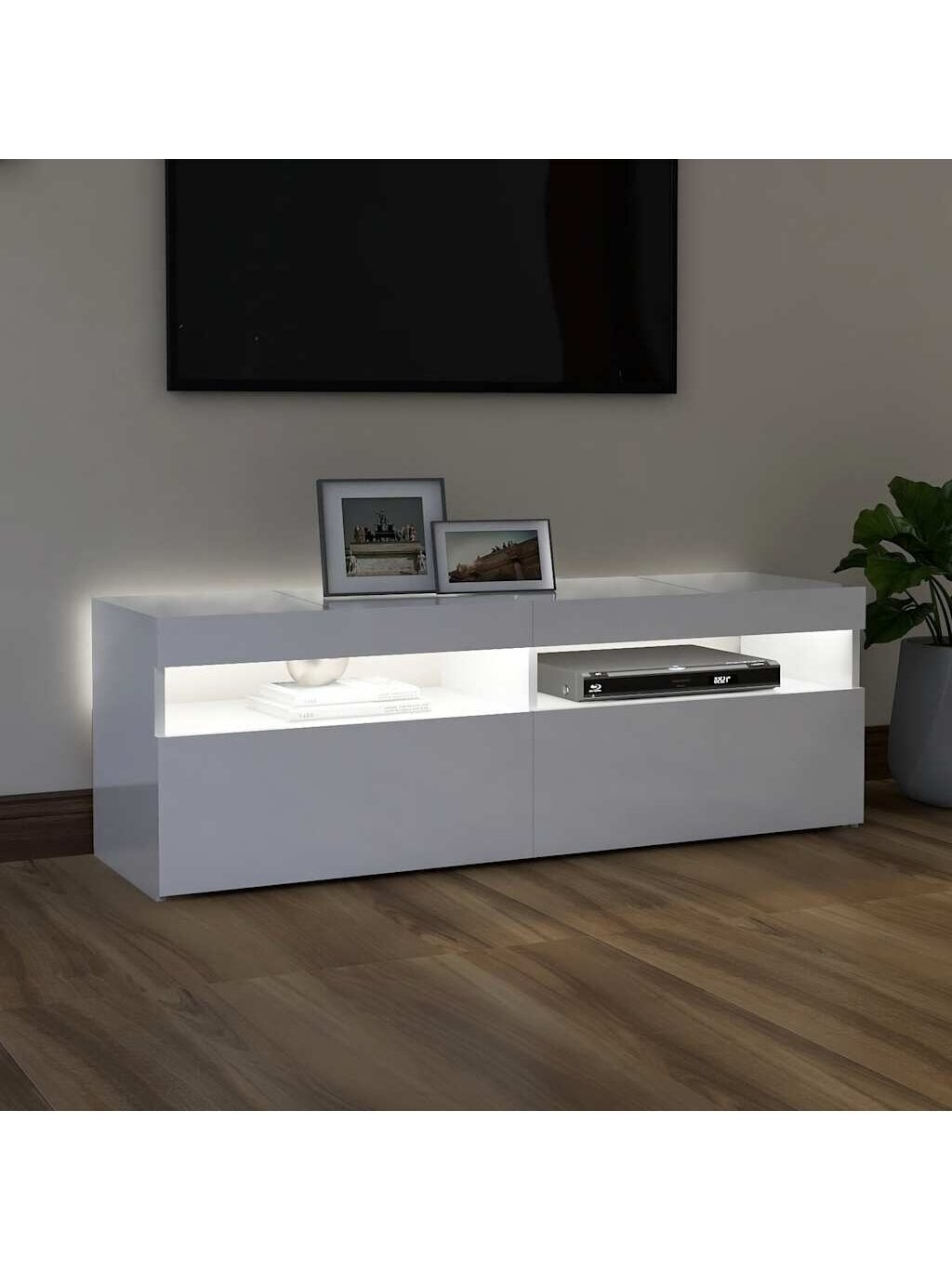 TV spintelė su LED apšvietimu, balta, 120x35x40cm, blizgi 3