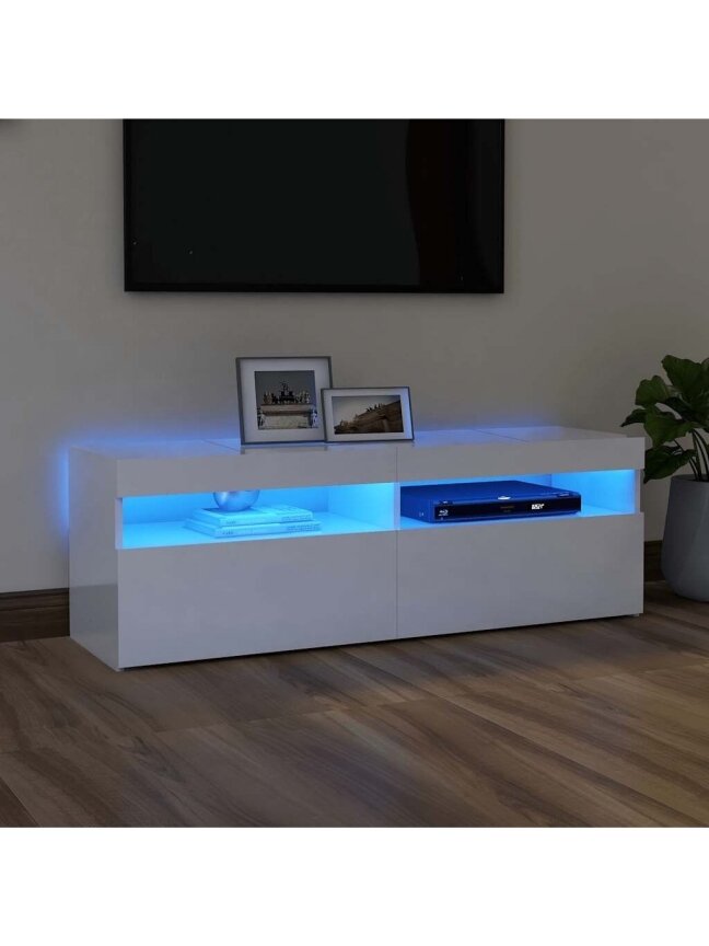 TV spintelė su LED apšvietimu, balta, 120x35x40cm, blizgi 2