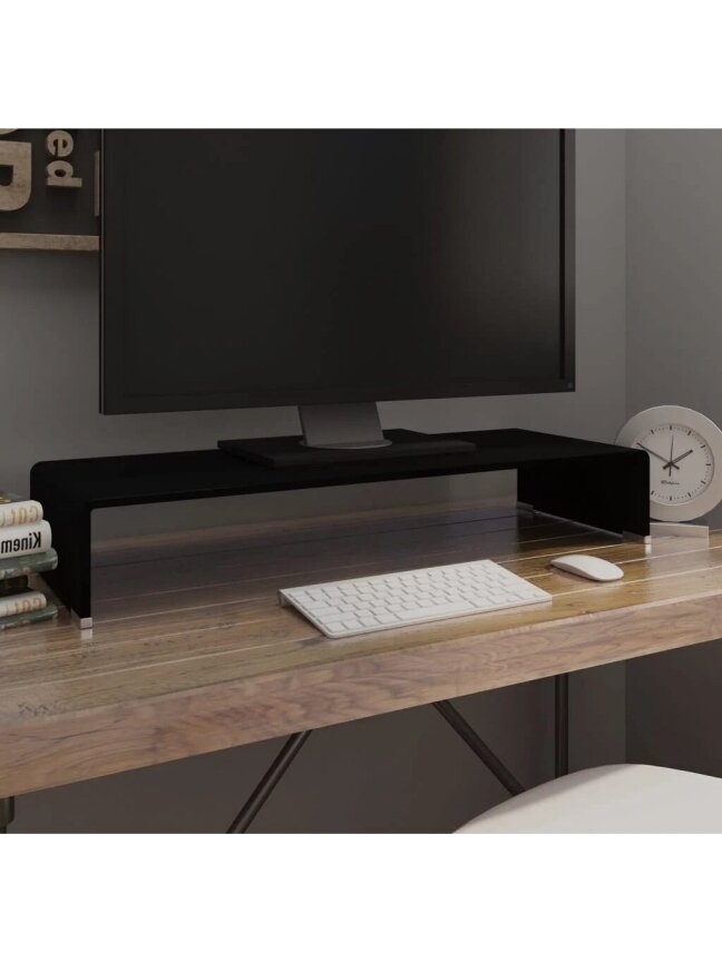 TV Stand / Monitor Riser, Black Glass, 80 x 30 x 13 cm TV Stand / Monitor Riser, Black Glass, 80 x 30 x 13 cm