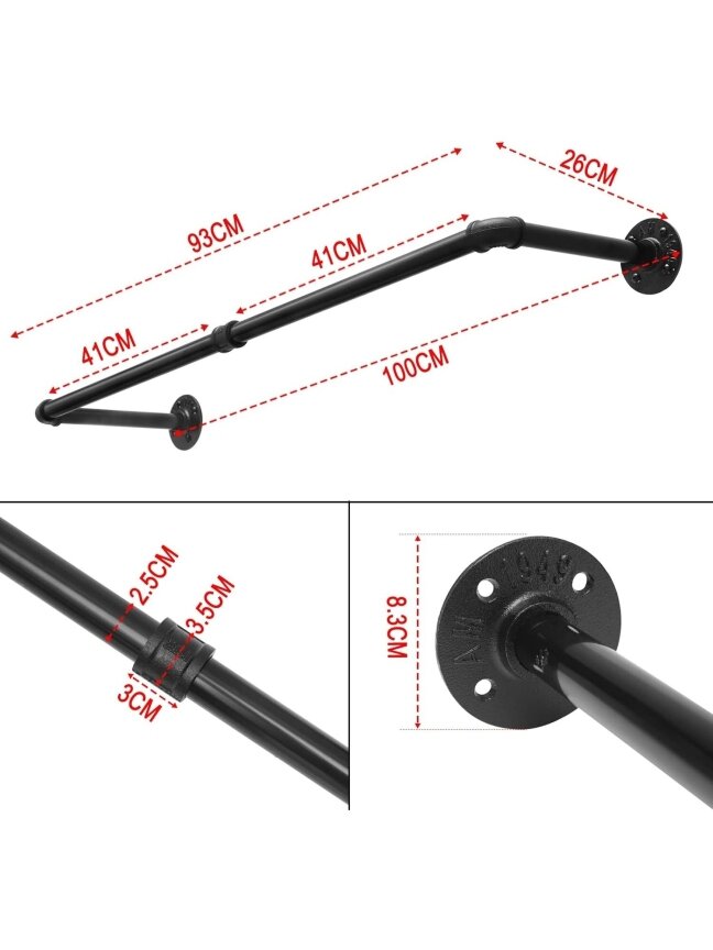 Strong industrial-style wall-mounted clothes rack, black, 100 cm. 4