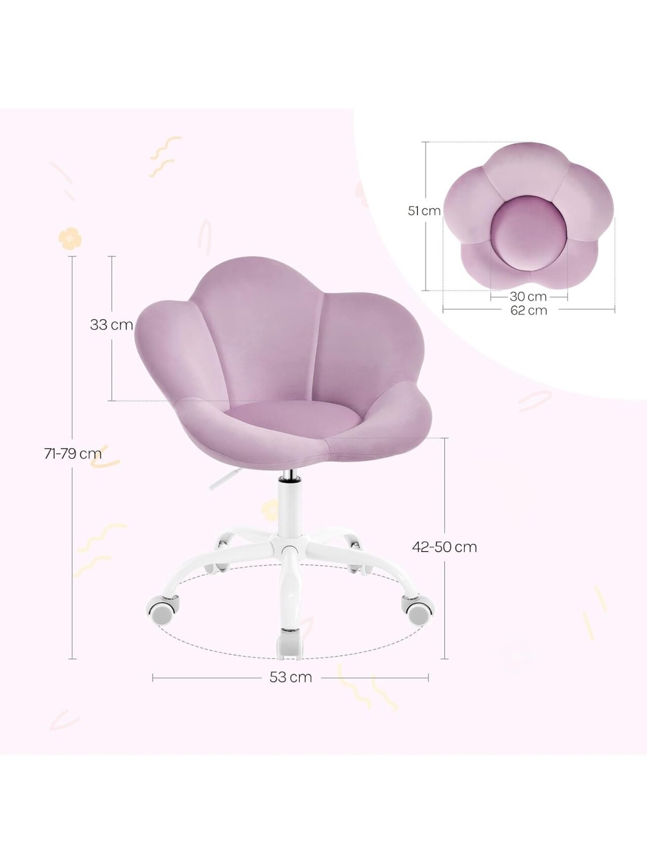 Vaikiška biuro kėdė su ratukais, pasukama, aksominė, žiedlapio formos, šviesiai violetinė. 4