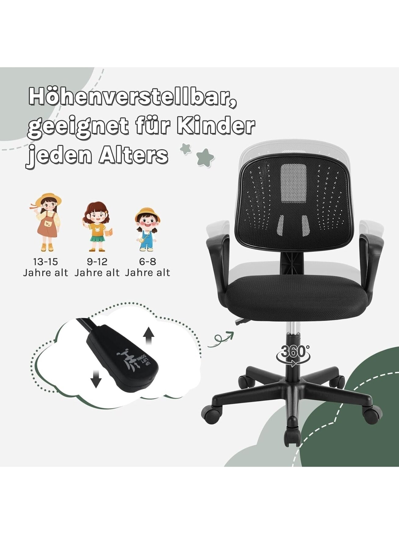 Ergonomic Children's Desk Chair, Height Adjustable, with Movable Breathable Mesh Backrest, Armrests and Wheels. 5