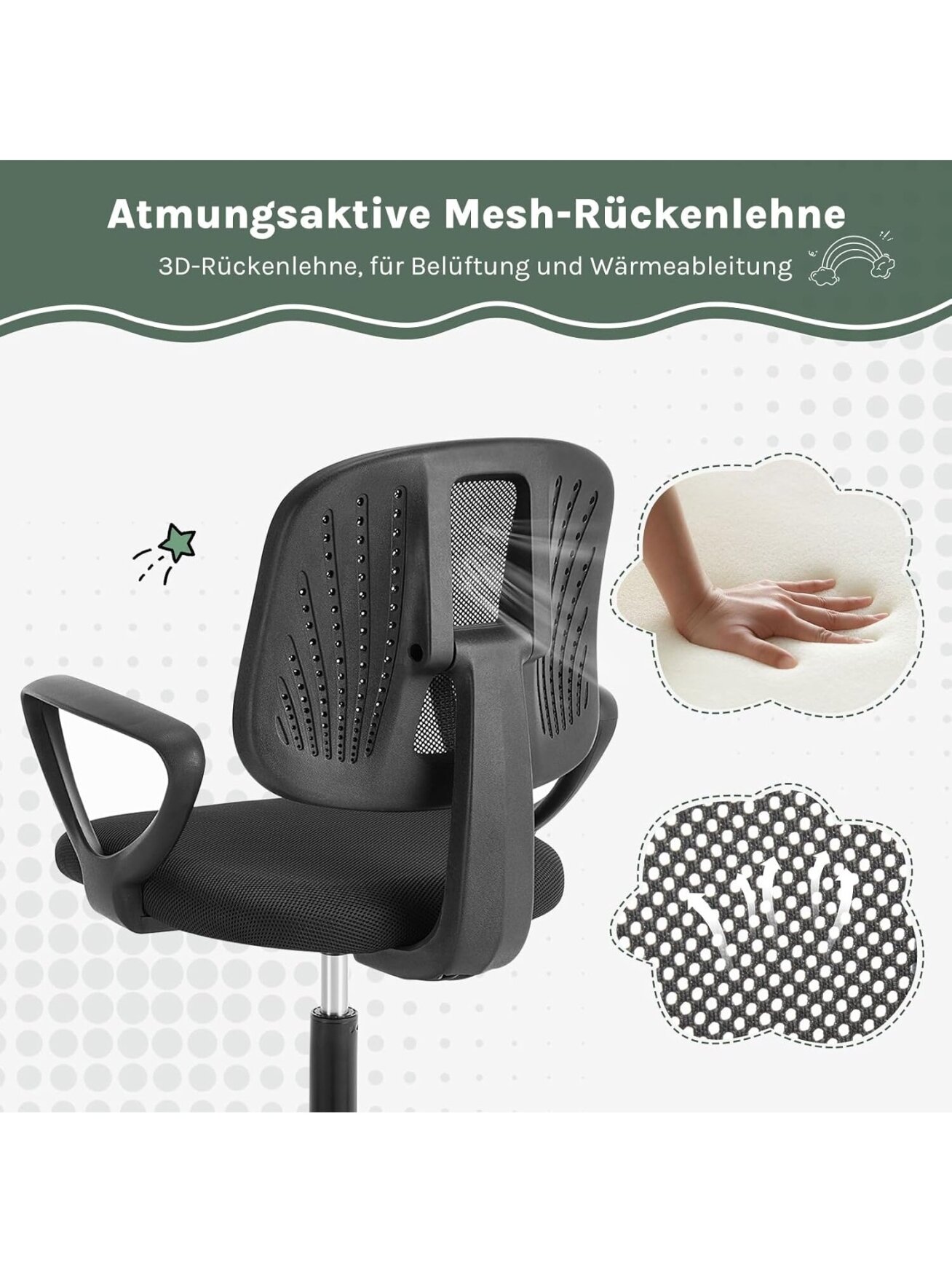Ergonomic Children's Desk Chair, Height Adjustable, with Movable Breathable Mesh Backrest, Armrests and Wheels. 6