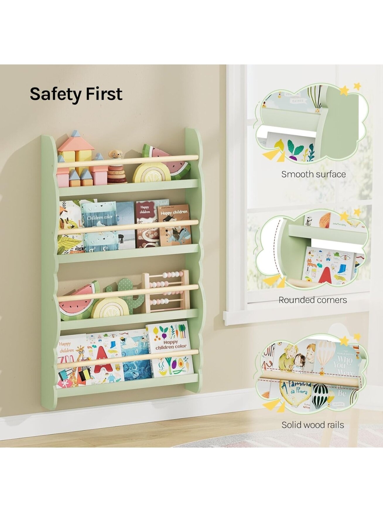 Children’s bookshelf, wall-mounted 4-tier bookshelf for books.