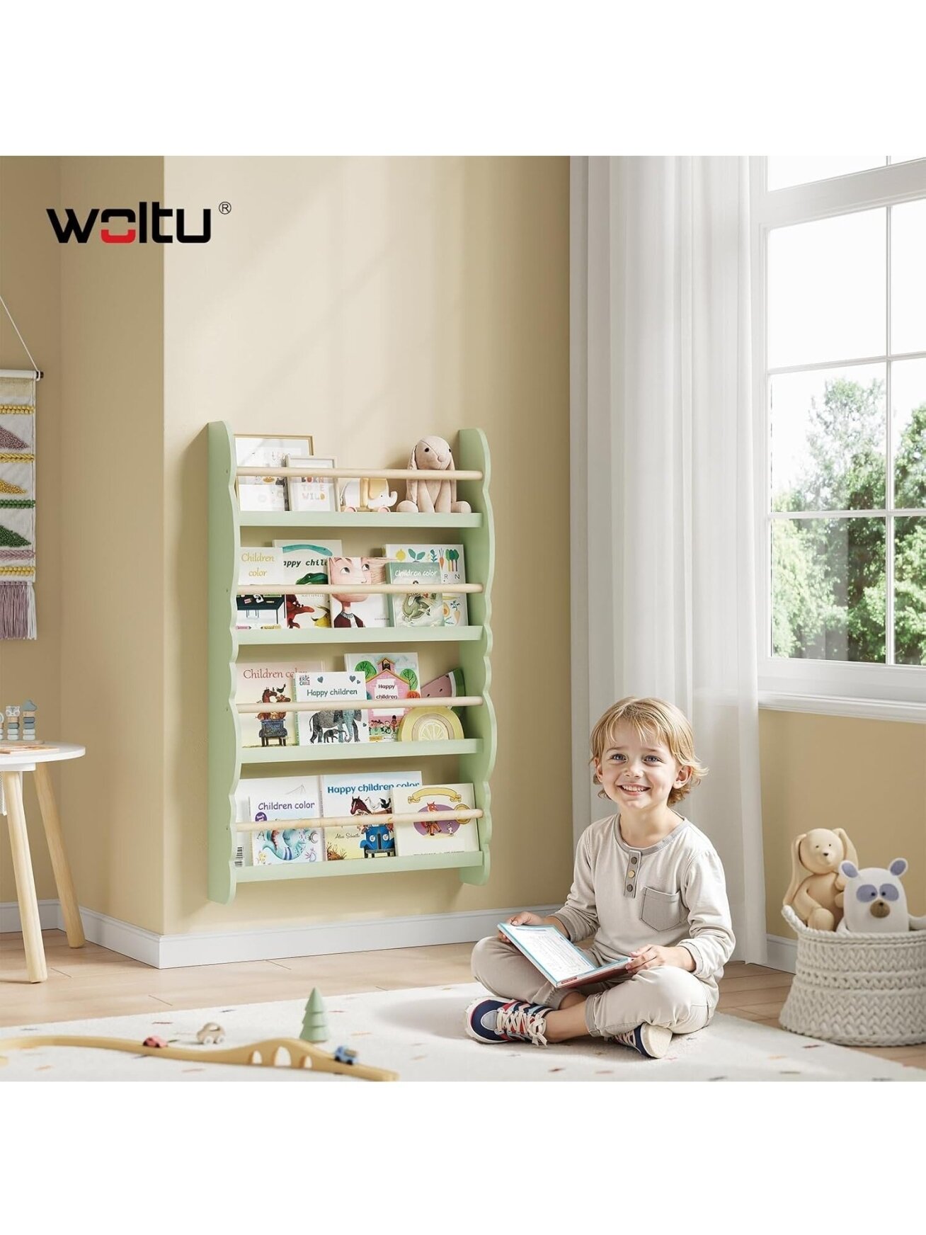 Children’s bookshelf, wall-mounted 4-tier bookshelf for books. 2