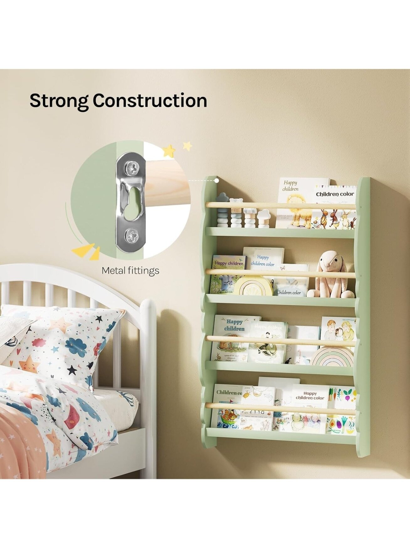 Children’s bookshelf, wall-mounted 4-tier bookshelf for books. 3