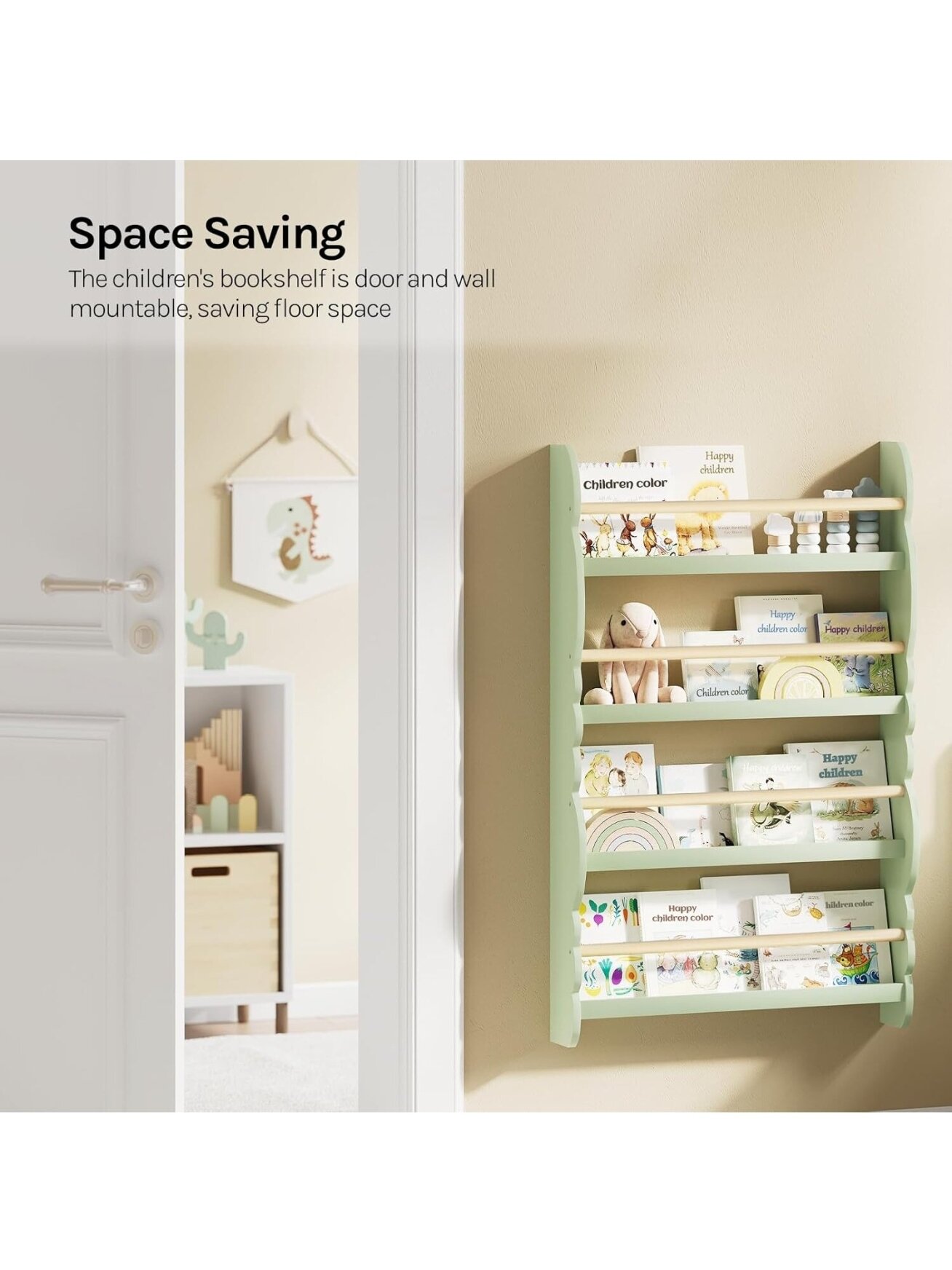 Children’s bookshelf, wall-mounted 4-tier bookshelf for books. 4