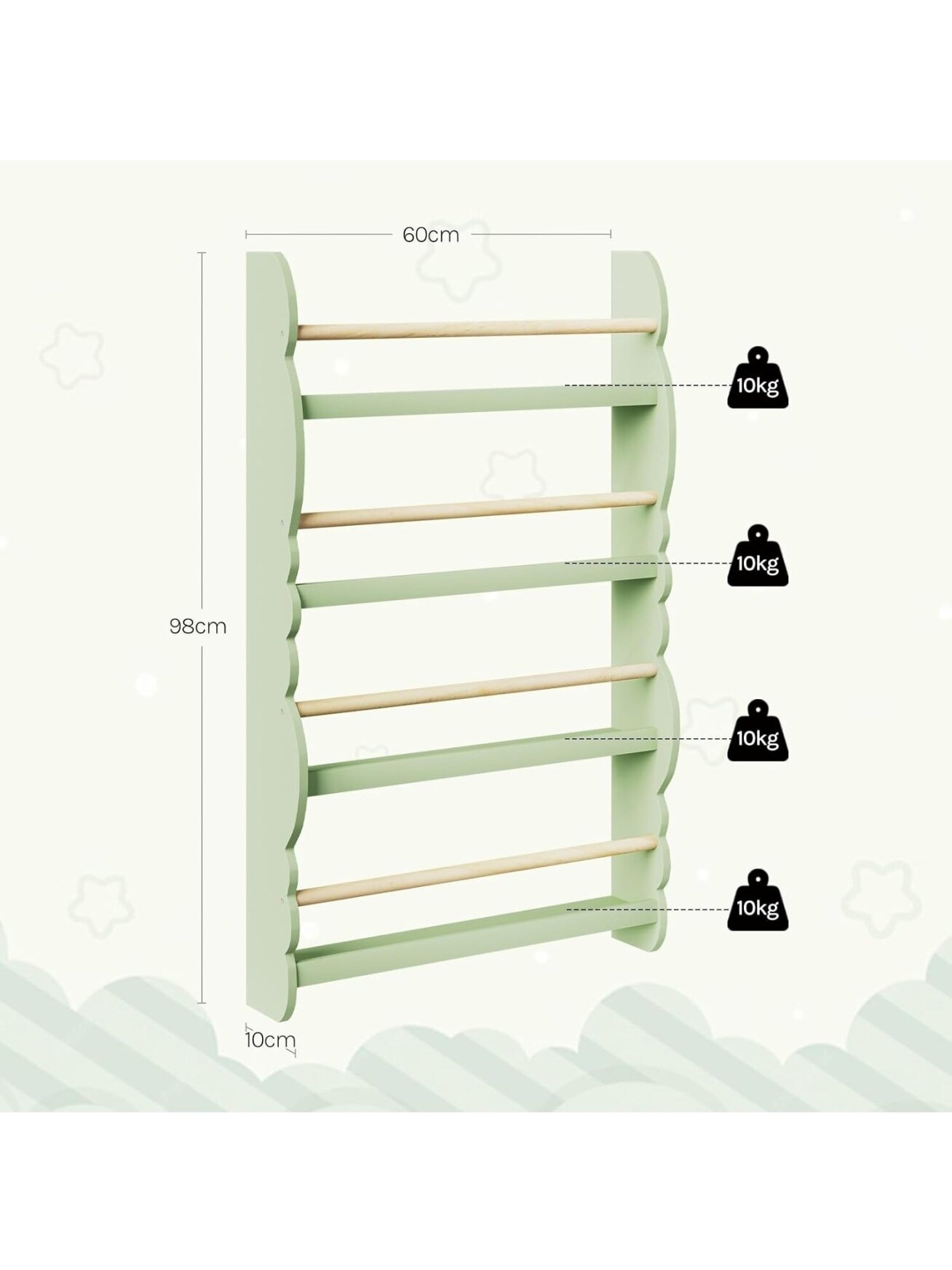 Children’s bookshelf, wall-mounted 4-tier bookshelf for books. 1