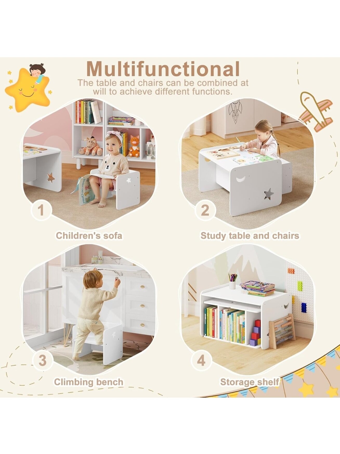 Children’s table and chair set (3-piece), white, with 1 table and 2 chairs, for children’s room / playroom. 1 Children’s table and chair set (3-piece), white, with 1 table and 2 chairs, for children’s room / playroom. 1