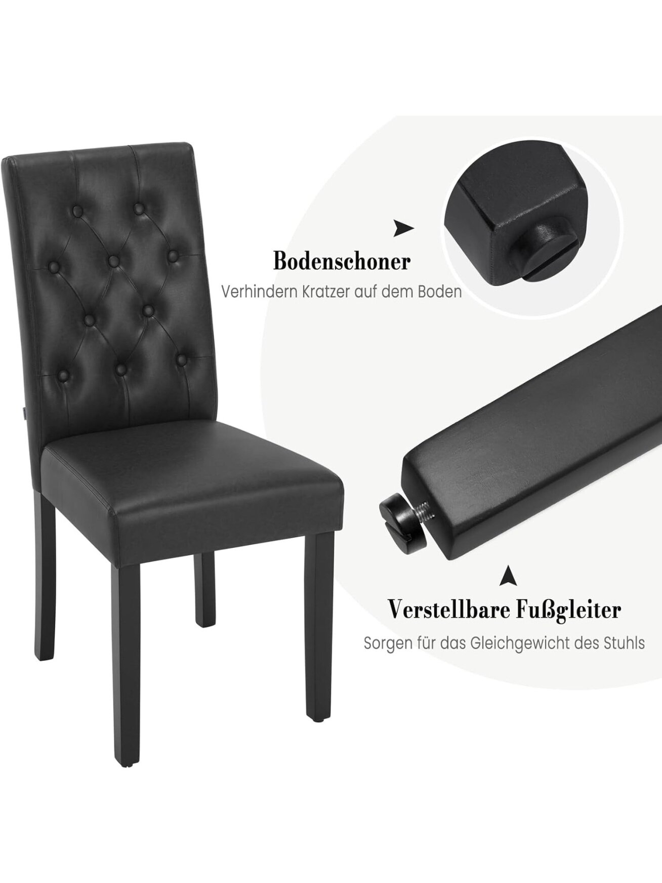 Dining chair set, 2 pcs, faux leather upholstery, padded seats, high backrest, wooden legs, black. 3