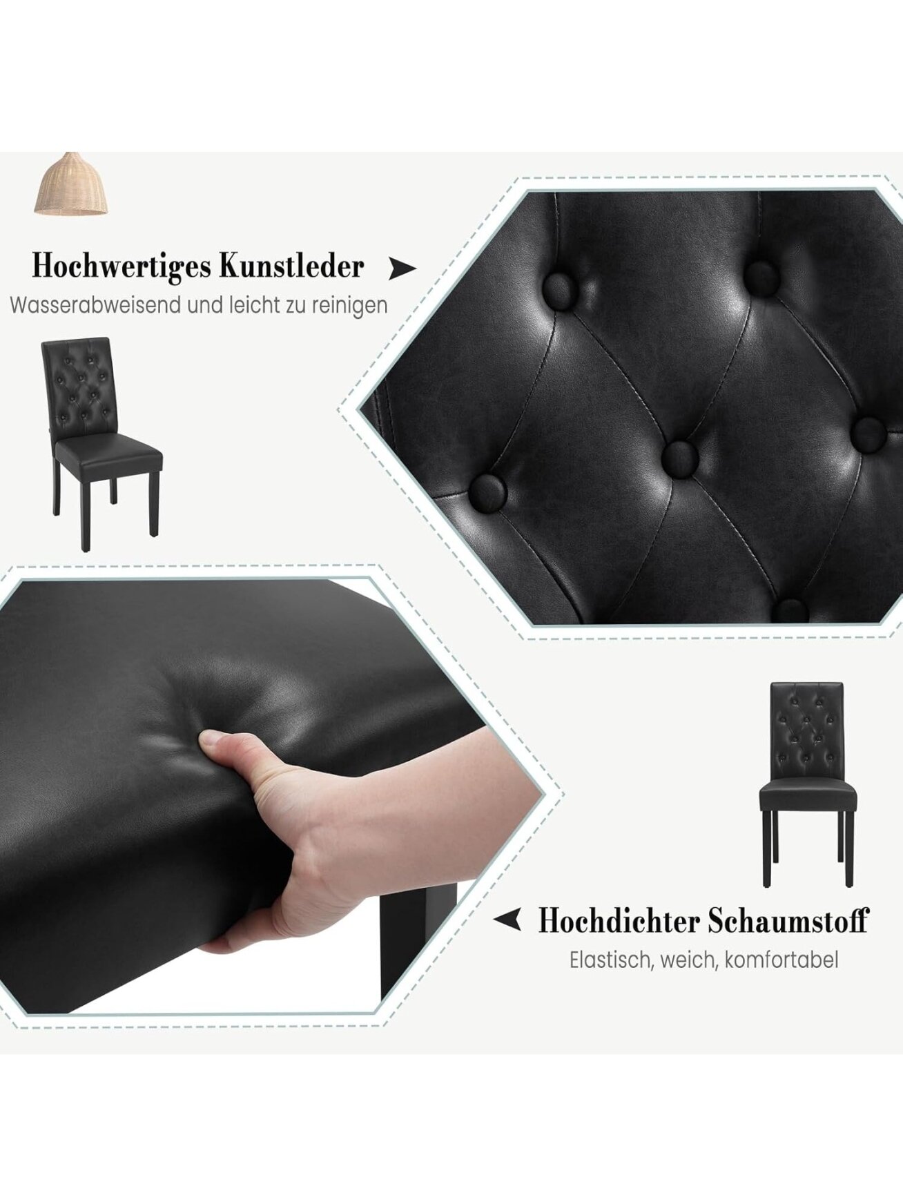Dining chair set, 2 pcs, faux leather upholstery, padded seats, high backrest, wooden legs, black. 5