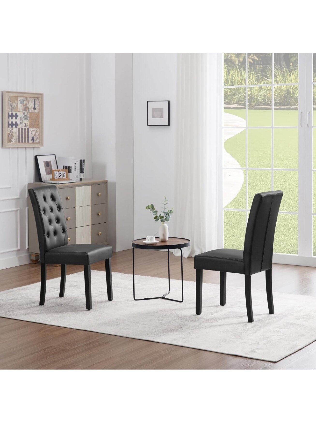 Dining chair set, 2 pcs, faux leather upholstery, padded seats, high backrest, wooden legs, black. 6