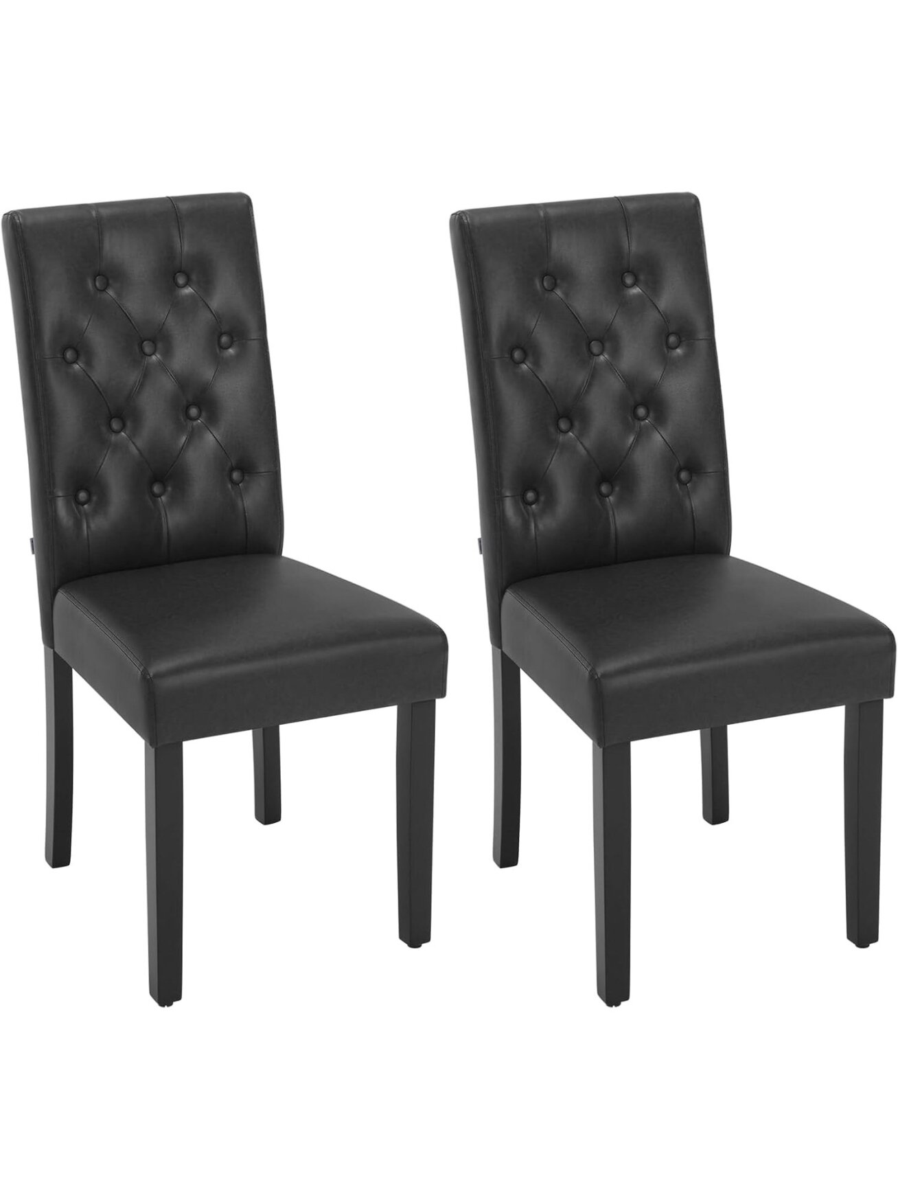 Dining chair set, 2 pcs, faux leather upholstery, padded seats, high backrest, wooden legs, black. Dining chair set, 2 pcs, faux leather upholstery, padded seats, high backrest, wooden legs, black.