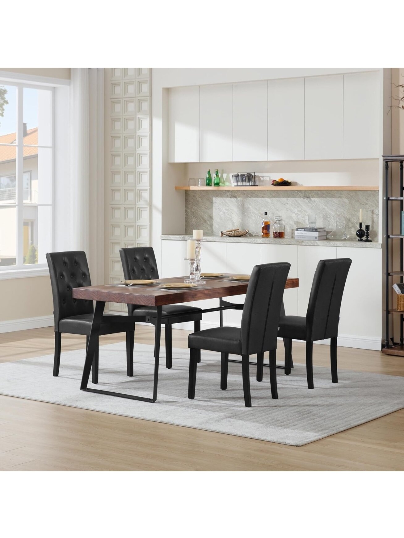 Dining chair set, 2 pcs, faux leather upholstery, padded seats, high backrest, wooden legs, black. 7 Dining chair set, 2 pcs, faux leather upholstery, padded seats, high backrest, wooden legs, black. 7