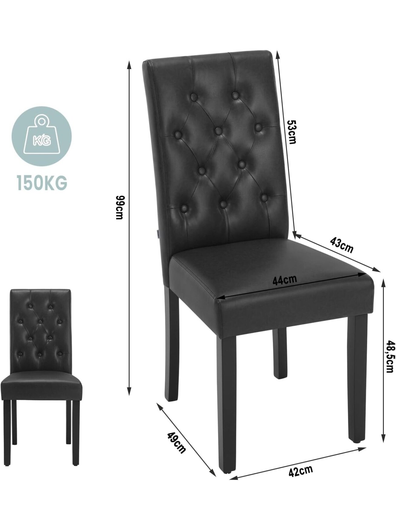 Dining chair set, 2 pcs, faux leather upholstery, padded seats, high backrest, wooden legs, black. 8