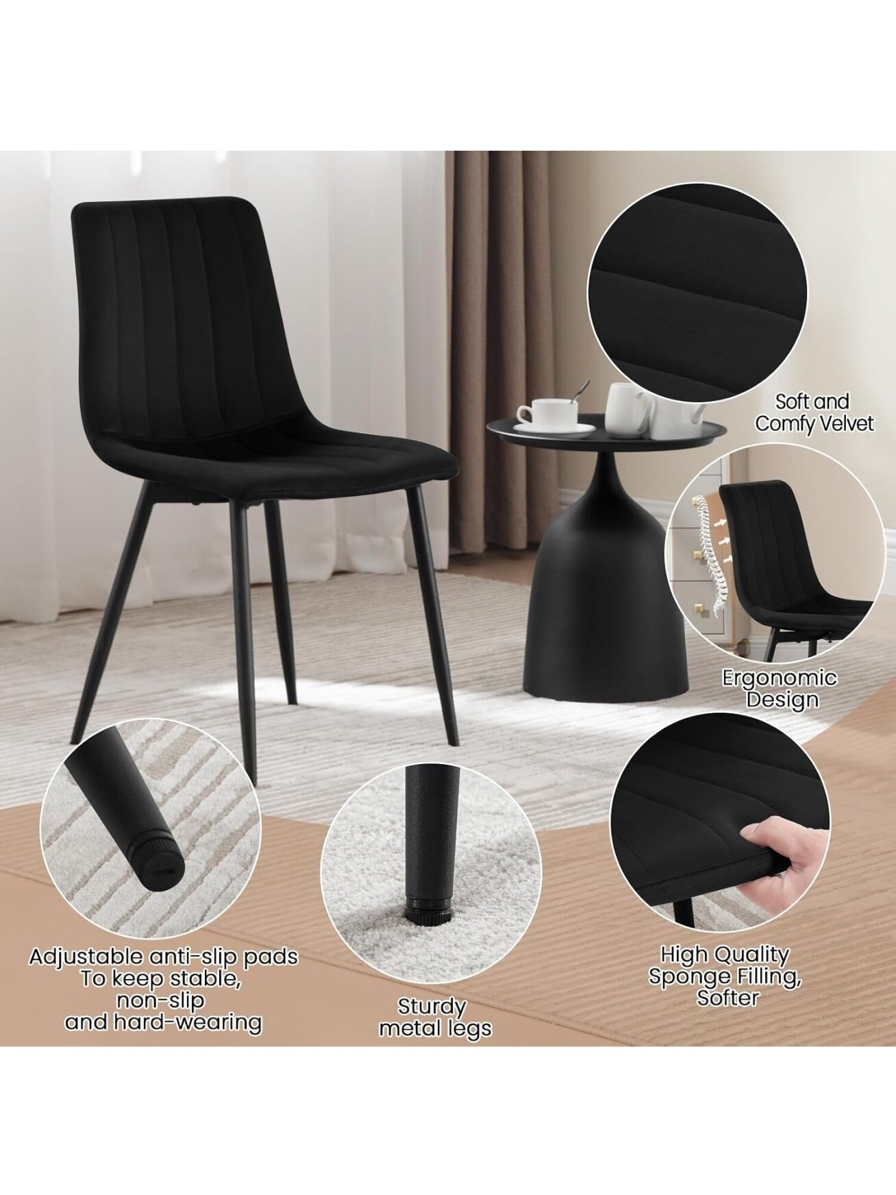 Söögitoolide komplekt, 4 tk, sametpolster, seljatoega, metalljalad, must. 4