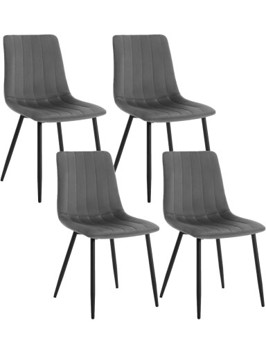 4 söögitooli komplekt, tumehall sametpolster, pehmendatud iste, metalljalad, ergonoomiline seljatugi.