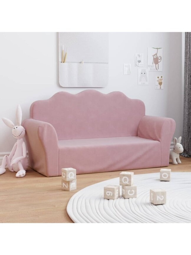 Vaikiška dvivietė sofa, rožinė, minkštas pliušinis
