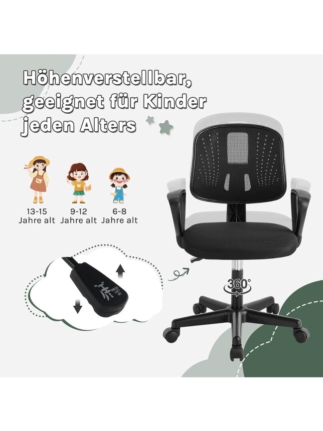 Ergonomic Children's Desk Chair, Height Adjustable, with Movable Breathable Mesh Backrest, Armrests and Wheels. 5