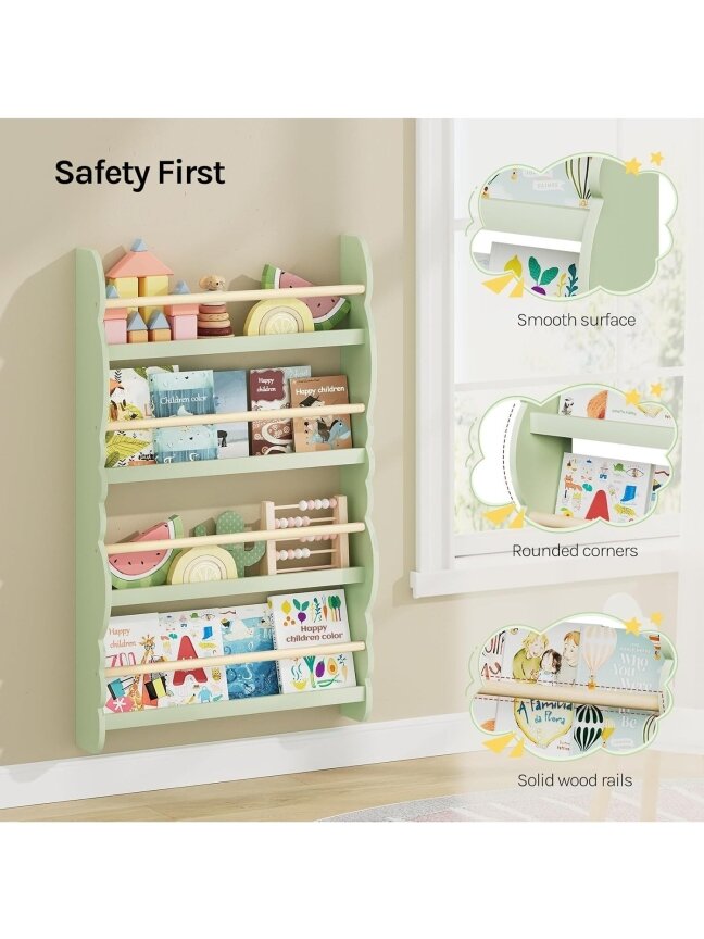 Children’s bookshelf, wall-mounted 4-tier bookshelf for books.