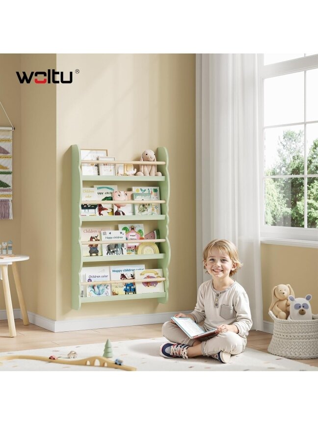 Children’s bookshelf, wall-mounted 4-tier bookshelf for books. 2