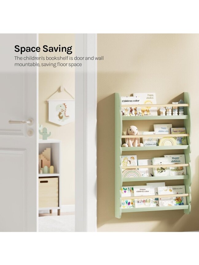 Children’s bookshelf, wall-mounted 4-tier bookshelf for books. 4