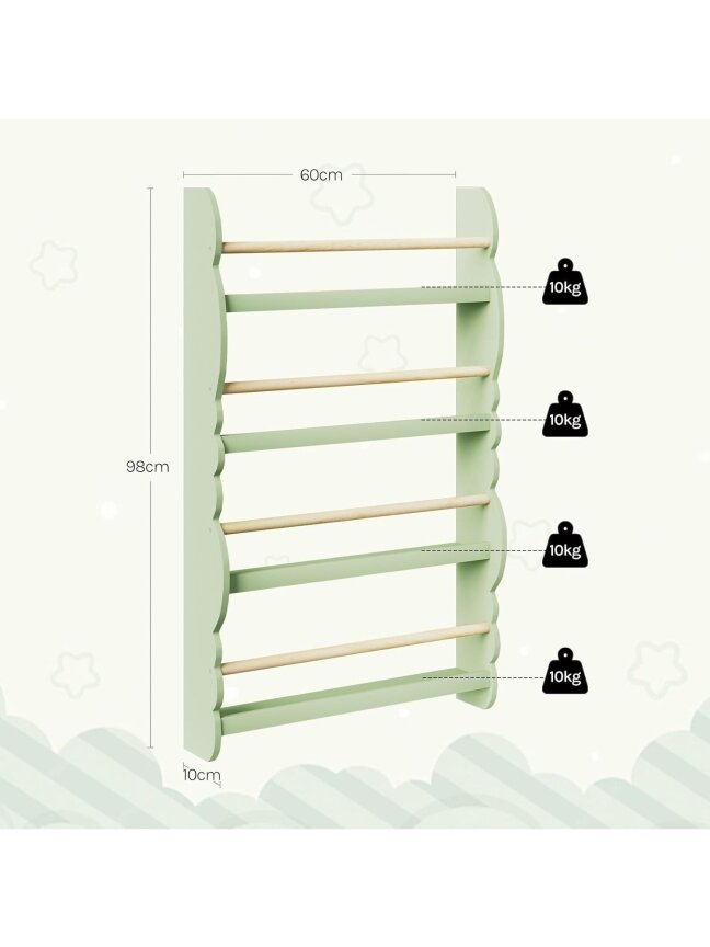 Children’s bookshelf, wall-mounted 4-tier bookshelf for books. 1