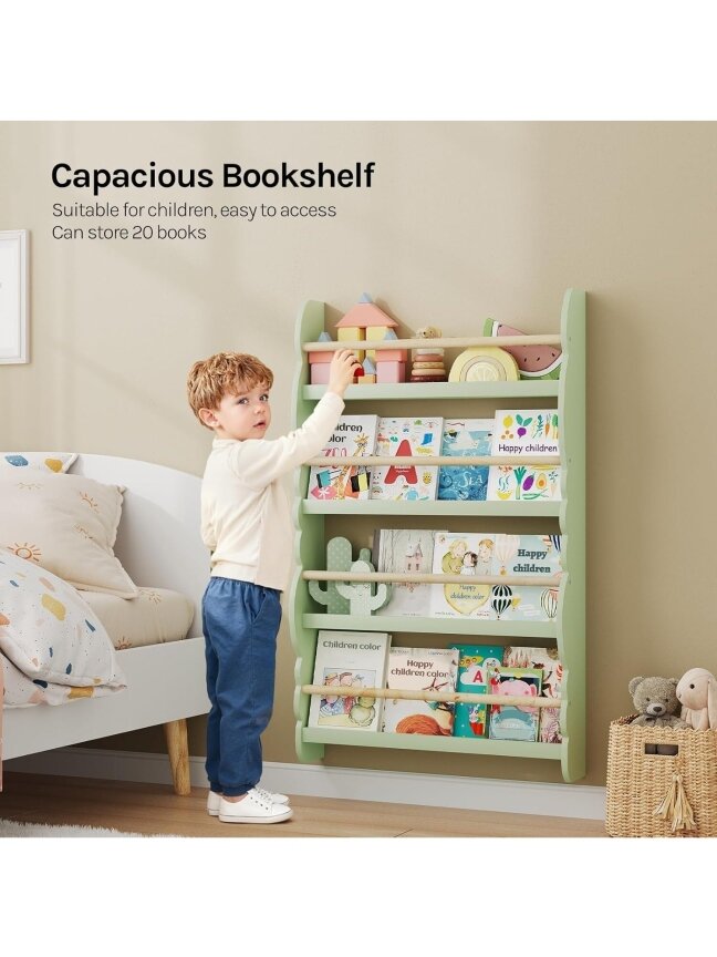 Children’s bookshelf, wall-mounted 4-tier bookshelf for books. 6