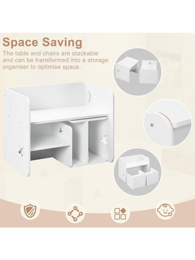 Children’s table and chair set (3-piece), white, with 1 table and 2 chairs, for children’s room / playroom. 5 Children’s table and chair set (3-piece), white, with 1 table and 2 chairs, for children’s room / playroom. 5