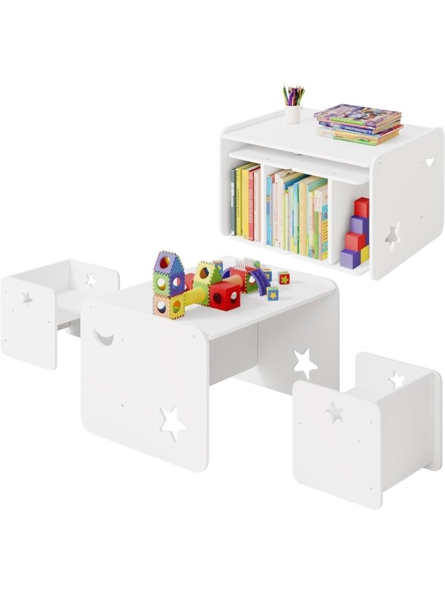 Children’s table and chair set (3-piece), white, with 1 table and 2 chairs, for children’s room / playroom. 6 Children’s table and chair set (3-piece), white, with 1 table and 2 chairs, for children’s room / playroom. 6