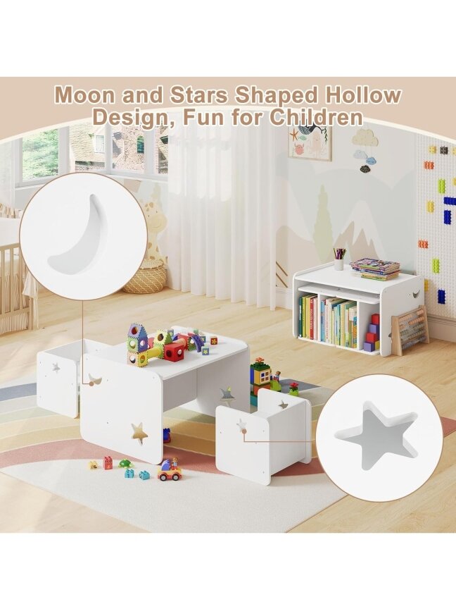 Children’s table and chair set (3-piece), white, with 1 table and 2 chairs, for children’s room / playroom. 2 Children’s table and chair set (3-piece), white, with 1 table and 2 chairs, for children’s room / playroom. 2