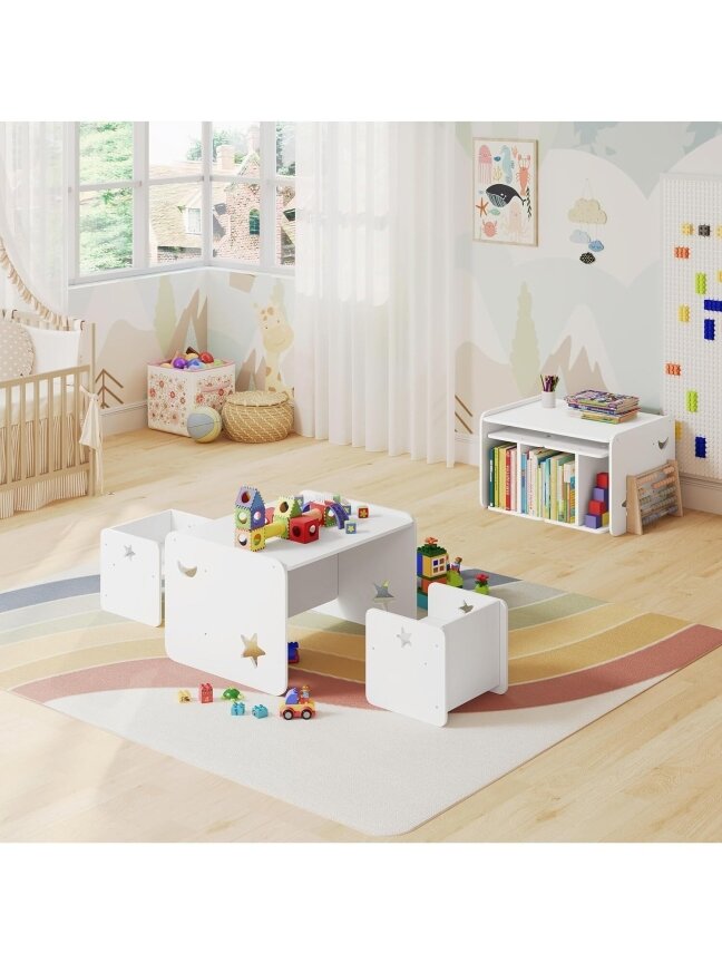 Children’s table and chair set (3-piece), white, with 1 table and 2 chairs, for children’s room / playroom. Children’s table and chair set (3-piece), white, with 1 table and 2 chairs, for children’s room / playroom.