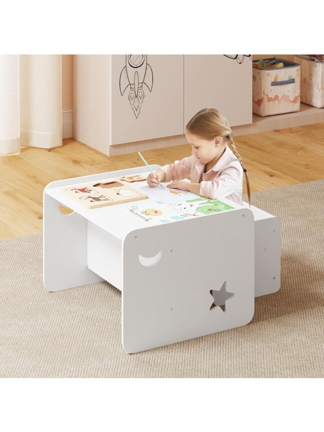 Children’s table and chair set (3-piece), white, with 1 table and 2 chairs, for children’s room / playroom. 3 Children’s table and chair set (3-piece), white, with 1 table and 2 chairs, for children’s room / playroom. 3