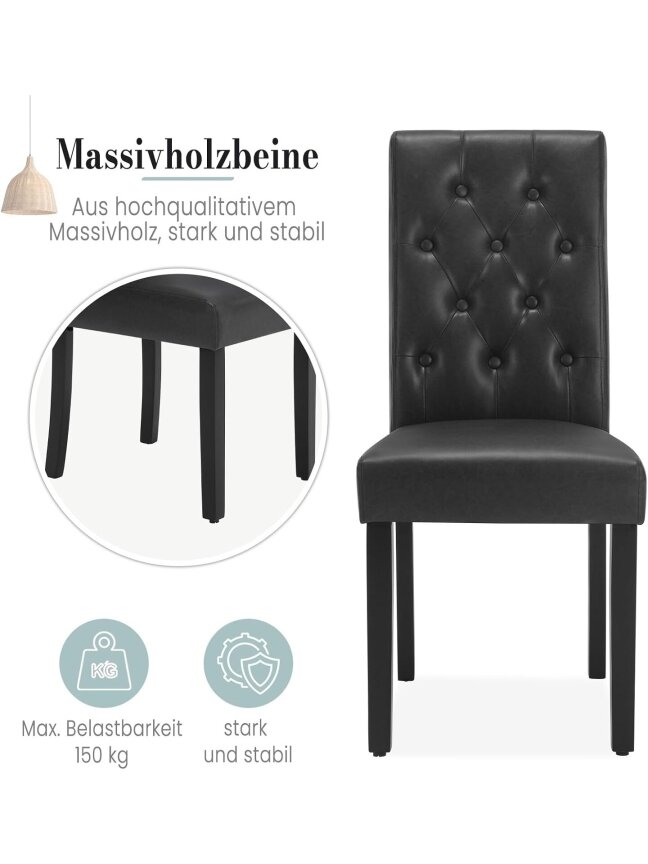 Dining chair set, 2 pcs, faux leather upholstery, padded seats, high backrest, wooden legs, black. 2