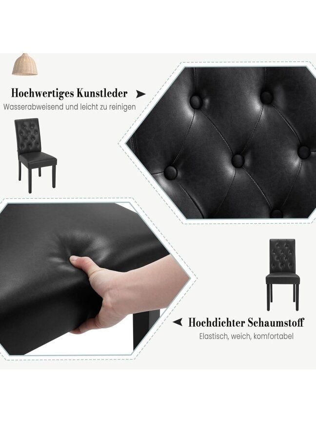 Dining chair set, 2 pcs, faux leather upholstery, padded seats, high backrest, wooden legs, black. 5