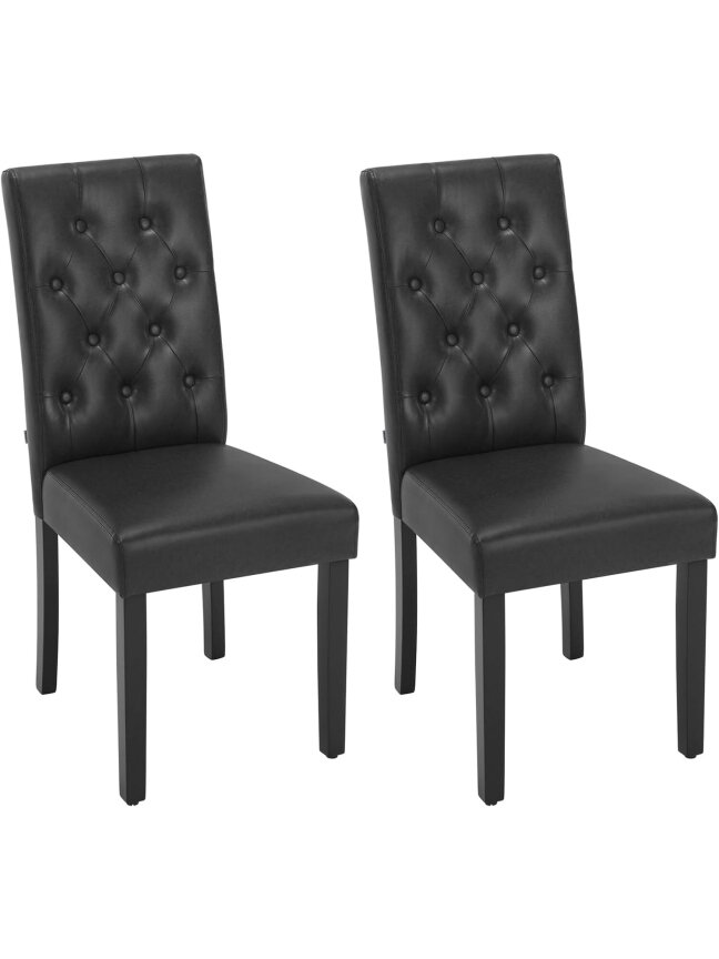 Dining chair set, 2 pcs, faux leather upholstery, padded seats, high backrest, wooden legs, black. Dining chair set, 2 pcs, faux leather upholstery, padded seats, high backrest, wooden legs, black.